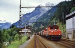 ÖBB 1020.28 (ex E 94 064) mit einer weiteren 1020 vor einem Güterzug in Wald am Arlberg. (22.09.1984) <i>Foto: A. Wagner</i>