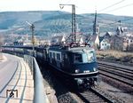 E 19 01 fährt mit E 378 (Mönchengladbach - Duisburg - Essen - Hagen - Siegen - Frankfurt) durch Meggen zwischen Finnentrop und Altenhundem. (18.04.1968) <i>Foto: Horst Dahms, Slg. EF Berlin</i>