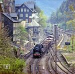 95 0045 erreicht mit einem Güterzug aus Ernstthal den Bahnhof Lauscha. (05.1977) <i>Foto: Karsten Risch</i>