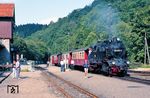 Soeben ist die 1’C1’-Lok 99 6001 mit Personenzug 14457 aus Gernrode in Alexisbad eingetroffen. Nach dem Wasserfassen geht es weiter nach Straßberg. (28.07.1988) <i>Foto: Wolfgang Bügel</i>
