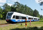 Eine 646-Einheit der Usedomer Bäderbahn (UBB) passiert die deutsch-polnische Grenze auf Usedom. (21.06.2016) <i>Foto: Benno Wiesmüller</i>