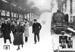 01 128 ist mit einem Schnellzug aus Hannover im Bahnhof Hamburg-Altona eingefahren. Da der Bahnhofshalle noch die Scheiben fehlten, rieselte der Schnee bis auf den Bahnsteig durch. Die Sanierung der Halle wurde erst 1955 abgeschlossen. (02.1953) <i>Foto: Walter Hollnagel</i>