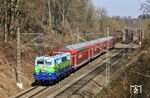 111 074 mit NX-Ersatzzug RB 34930 nach Köln bei Opladen. (23.03.2022) <i>Foto: Joachim Bügel</i>