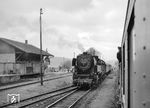 Zugkreuzung zwischen 65 005 und 65 004 auf einem unbekannten Bahnhof der Odenwaldbahn. (09.05.1965) <i>Foto: Jörg Schulze</i>