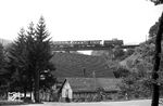 Mit dem P 3084 fährt V 52 901 über die bis heute erhaltene Talbrücke bei Lohrbach. Obwohl auf dem Abschnitt nach Mudau auch eine normalspurige Trasse ohne größere Probleme zu realisieren gewesen wäre, entschied man sich aus Kostengründen für den Bau einer Schmalspurbahn. (27.08.1966) <i>Foto: Helmut Röth</i>