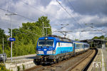 Der EC 175 (Flensburg - Prag) mit CD 193 294 während seines planmäßigen Aufenthalts von 9.15 Uhr bis 9.17 Uhr im Bahnhof Rendsburg. (09.07.2022) <i>Foto: Thorsten Eichhorn</i>