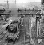 39 204 auf "Falschfahrt" in Stuttgart-Bad Cannstatt. Bis zum 5. März 1972 waren Züge bei der Fahrt auf falschem Gleis durch das Signal Zg 2 (Falschfahrtsignal) an der Zugspitze zu kennzeichnen. (16.06.1965) <i>Foto: Jörg Schulze</i>
