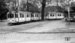 Zwei Tonnendach-Triebwagen (Tw 105 mit Tw 103 und einem Beiwagen) auf der Linie 11 Marienburg - Bayenthal - Chlodwigplatz - Ringe - Ebertplatz - Nippes - Weidenpesch in der Wendeschleife Marienburg. (1957) <i>Foto: Karl Wyrsch, Slg. D. Ammann</i>