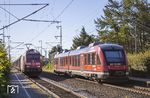 Im Bahnhof Jübek begegnen sich 648 956 als RE 13082 (Bad Kleinen - Lübeck) und EG 3110 von DB-Cargo Scandinavia Services (Taastrup) mit DGS 46257 (Hallsberg Ranger-Bangard - Gent Zeehaven). (12.08.2022) <i>Foto: Thorsten Eichhorn</i>