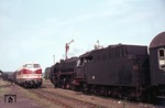 Während für 01 084 vor D 109 nach Berlin das Ausfahrsignal in Helmstedt auf Fahrt steht, fährt V 180 044 mit einem britischen Militärzug in den Bahnhof ein. (1967) <i>Foto: Dieter Höltge</i>