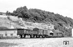 Ein typischer Rollbock-Güterzug der Jagsttalbahn erreicht Marlach. Die Zuglok V 22-01 besaß eine Leistung von 180 PS und konnte im Streckengang eine Höchstgeschwindigkeit von 35 km/h erreichen. (22.05.1967) <i>Foto: Helmut Röth</i>