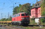 218 249 der DB Fahrwegdienste mit einem Bauzug in Lintorf auf der Güterzugstrecke Duisburg-Wedau - Gremberg. (06.09.2022) <i>Foto: Wolfgang Bügel</i>