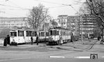 Tw 36 der Rheinischen Bahngesellschaft auf der Linie M über Lörick - Strümp - Uerdingen - Trompet nach Moers neben Tw 17 der Linie D über Kaiserswerth - Huckingen nach Duisburg Hbf am Düsseldorfer Graf-Adolf-Platz. (03.1953) <i>Foto: Karl Wyrsch, Slg. D. Ammann</i>