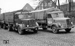 So sah der Güterverkehr auf der Straße Anfang der 1950er Jahre aus. In Letmathe überholt ein Mercedes Benz Langhauber L 6600 einen Konkurrenten in Form eines Büssing 8000. Beachtenswert sind auch die Besatzungskennzeichen, Winker (Fahrtrichtungsanzeiger) und das gelbe Dreieck als Hinweis auf Anhängerbetrieb. (03.1953) <i>Foto: Karl Wyrsch, Slg. D. Ammann</i>
