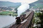 001 199 fährt mit P 2452 nach Trier über die Moselbrücke in Bullay und wird gleich in den 458 m langen Prinzenkopftunnel eintauchen. (07.1971) <i>Foto: Robin Fell</i>