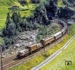 Ein Sonderzug anlässlich des Jubiläums "100 Jahre Gotthardbahn" mit dem Schweizer "Krokodil" Ce 6/8 II 14253 (Baujahr 1919) und Be 4/6 12320 (Baujahr 1921) bei Wassen. (15.09.1981) <i>Foto: Karsten Risch</i>