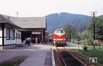219 086 (Bw Saalfeld/Saale) fährt mit einem Personenzug aus Katzhütte in Obstfelderschmiede ein. Dort besteht direkter Anschluss an Oberweißbacher Bergbahn. (08.1992) <i>Foto: Klaus Hof</i>
