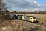 189 996 der TX-Logistik mit einem Autotransportzug bei München-Trudering. (20.02.2014) <i>Foto: Stefan von Lossow</i>