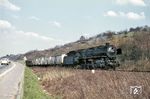44 568 vom Bw Ehrang mit einem Güterzug nach Apach/F auf der Obermoselstrecke neben der Bundesstraße 51 kurz vor Karthaus. (04.1968) <i>Foto: Robin Fell</i>