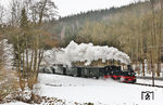 99 1568 mit Zug 15 im Tal der namensgebenden Preßnitz bei Stolln. (11.02.2023) <i>Foto: Joachim Bügel</i>