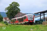 642 187 der Kurhessenbahn setzt hier nicht zum Abheben an, sondern ist in Sterzhausen auf der oberen Lahntalbahn auf Hilfsdrehgestellen in die Werkstatt unterwegs. (01.07.2023) <i>Foto: Martin Krüger</i>