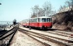 Beiwagen 20 (Uerdingen, Baujahr 1963) mit VT 5 (MAN, Baujahr 1960) der Hohenzollerischen Landesbahn (HzL) im Bahnhof Hechingen. (13.03.1970) <i>Foto: Theodor Horn</i>