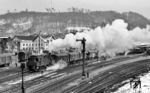 94 1525 rangiert im Bahnhof Waldshut. Daneben stand noch die Beförderung eines Nahgüterzuges nach Koblenz/CH auf dem Plan. (07.03.1964) <i>Foto: Karl Wyrsch, Slg. D. Ammann</i>
