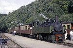Die in historischem Grün lackierte 99 5901 (als NWE 11) vor einem Personenzug auf der Selketalbahn im Bahnhof Alexisbad. (08.08.1979) <i>Foto: Will A. Reed</i>