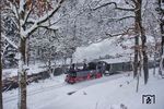 99 1542 mit P 14113 im winterlichen Preßnitztal kurz vor dem Haltepunkt Forellenhof. (03.12.2023) <i>Foto: Joachim Schmidt</i>
