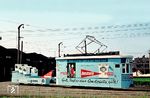 Die Werbung machts: Ein Straßenbahnwagen der KVB mit Vollwerbung für einen Waschmaschinenhersteller (ausgerechnet aus Düsseldorf) im Betriebshof Köln-Sülz.  (31.08.1958) <i>Foto: Aad van Ooy</i>